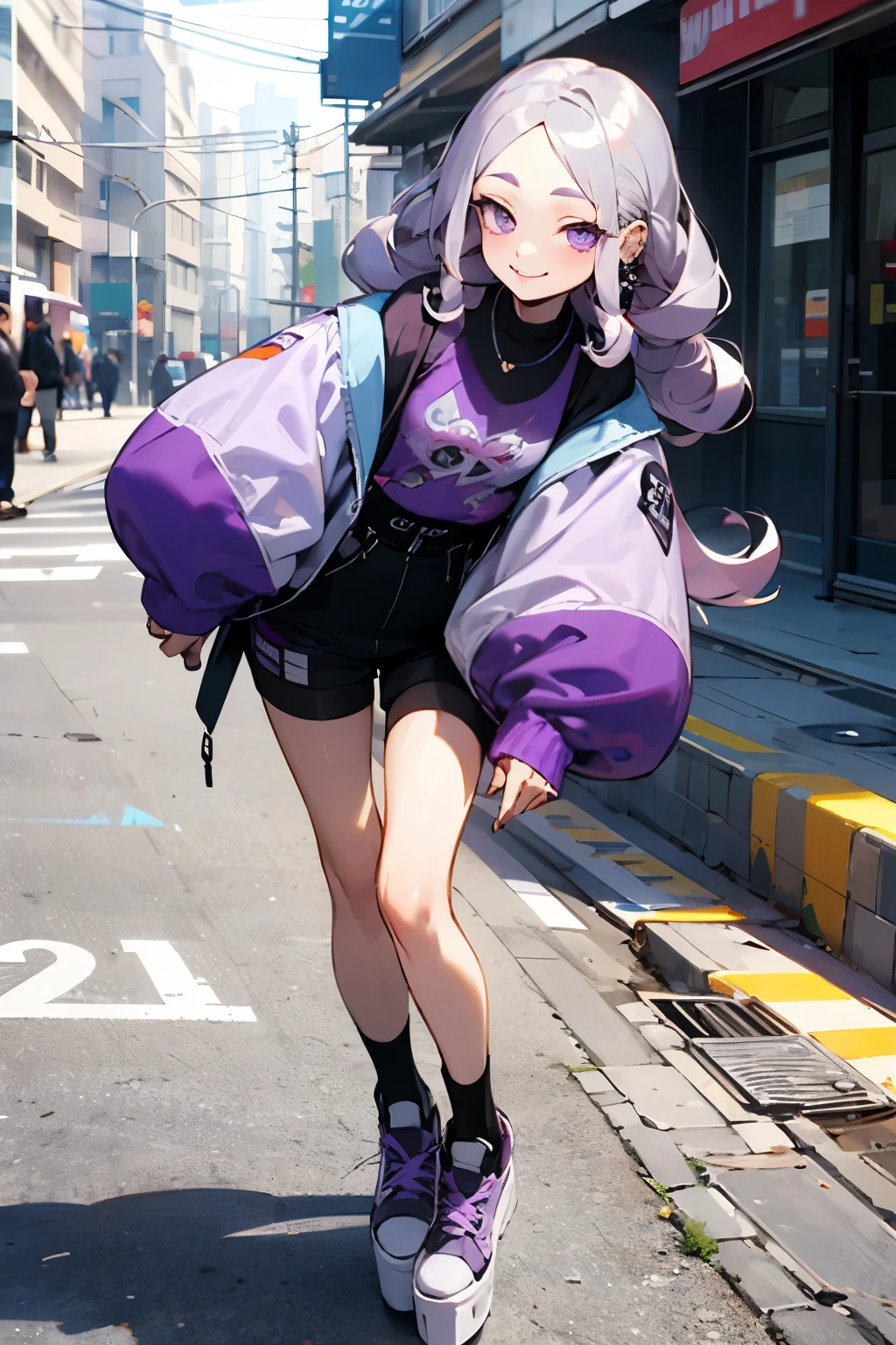 20s, purple eyes, smiling face, silver to purple gradient hair, lots of piercings, platform sneakers, street fashion, vintage clothing, short woman, long hair, curly hair, 2D touch