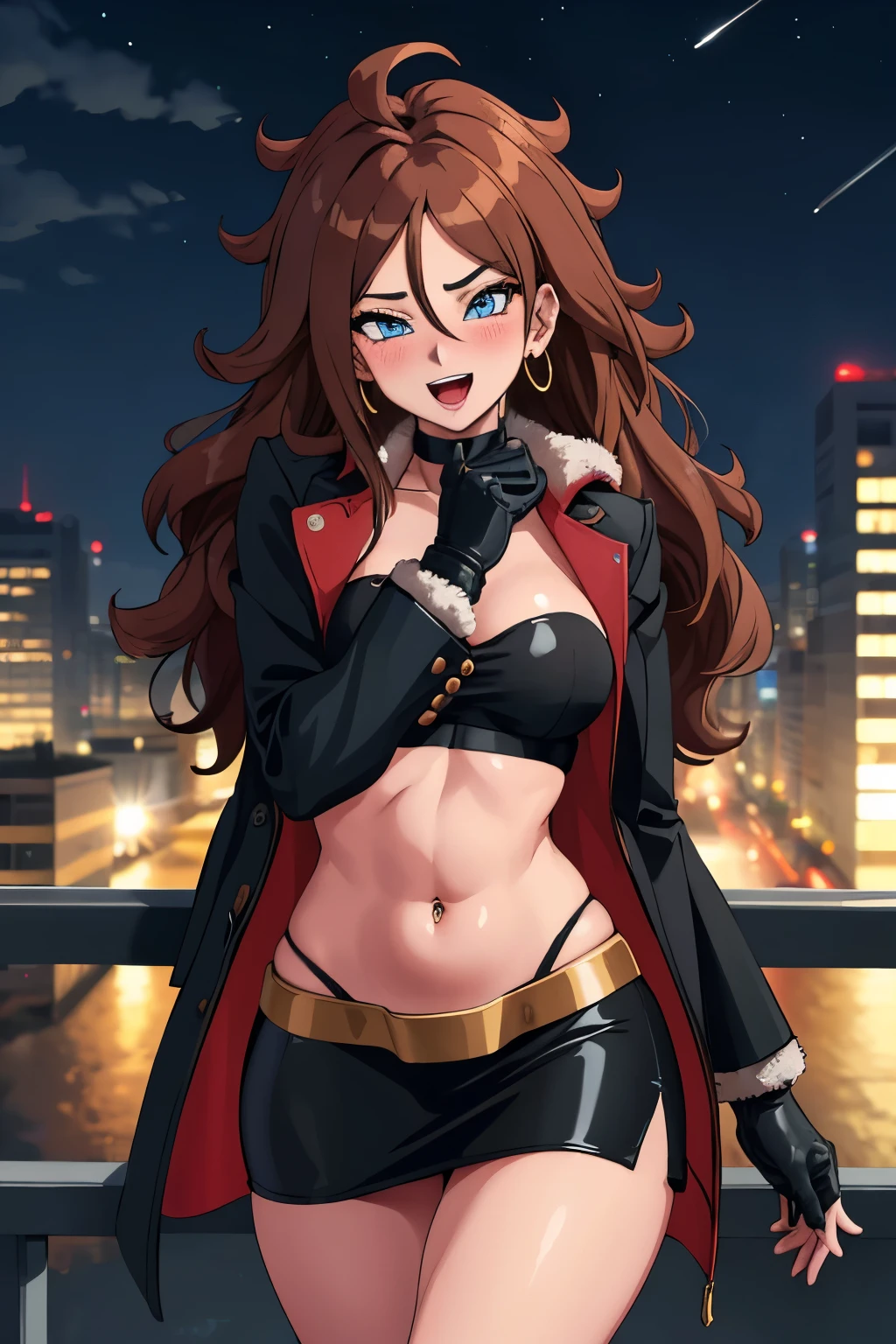 , aaandro, brown hair, long hair, curly hair, blue eyes, hoop earrings, blush, lipstick, , blush, lipstick, fur trim, mature female, gloves, fur-trimmed coat,  outdoors, rooftop, cityscape, building, railing, night, night sky, scenery,  city lights, blush, lipstick, masterpiece, best quality, highly detailed, a girls with a gun, open mouth, blazer, sexy gaze, (nsfw) not
safe for work, badass pose , evil smile, smile, black bra, anime girl with long hair, long haired girl,
navel, evil expression, exposed belly, exposed navel, exposed midriff, exposed lower belly, micro
miniskirt, micro pencil skirt, pencil skirt ,holding a gun,, navel piercing