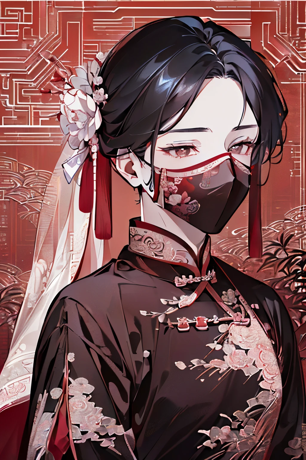 ((くらいのmale性:1.2)),((male:1.4)),((chinese wedding dress:1.2)),((hanfu wedding costume1.25)),((Gorgeous and voluminous outfit:1.3)),((costume by red color)),((Her face is hidden by a sheer veil:1.2)),//((high quality:1.2)),((Shiny eyes:1.3)),((hanfu costume:1.35)),((beautiful image:1.2)),((high graphic:1.2)),Close-up of face