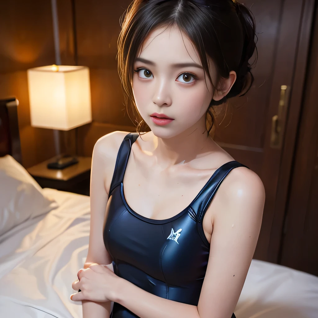 best quality,ultra-detailed,high resolution,extremely detailed CG,perfect anatomy,detailed,cinematic lighting,beautiful detailed eyes,ultra high res,1girl,,gleaming skin,oil skin,sweat,humid,trembling,strong light coming in,spot lighting,bright,revealing,(sharp eye:1.2),(scowl:1.1),(stare at viewer with stern eyes:1.5),(bitting own lip:1.1),(angry:0.9),nose blush,(shamefull:1.2), surprised, (embarrassed,blush:1.3),nsfw,(ecstasy:1.3t:1.2),(vulgarity:1.3),(fucked silly:1.1),:1.1),(wet:0.8),(trembling:0.8),(tears:0.7) ,(drooling:0.6),(sweat:0.8),(look at viewer:1.2),(Small swimsuit:1.3),(Young:1.2),Japanese,(cowboy shot:1.5),(bed:1.2),large breasts