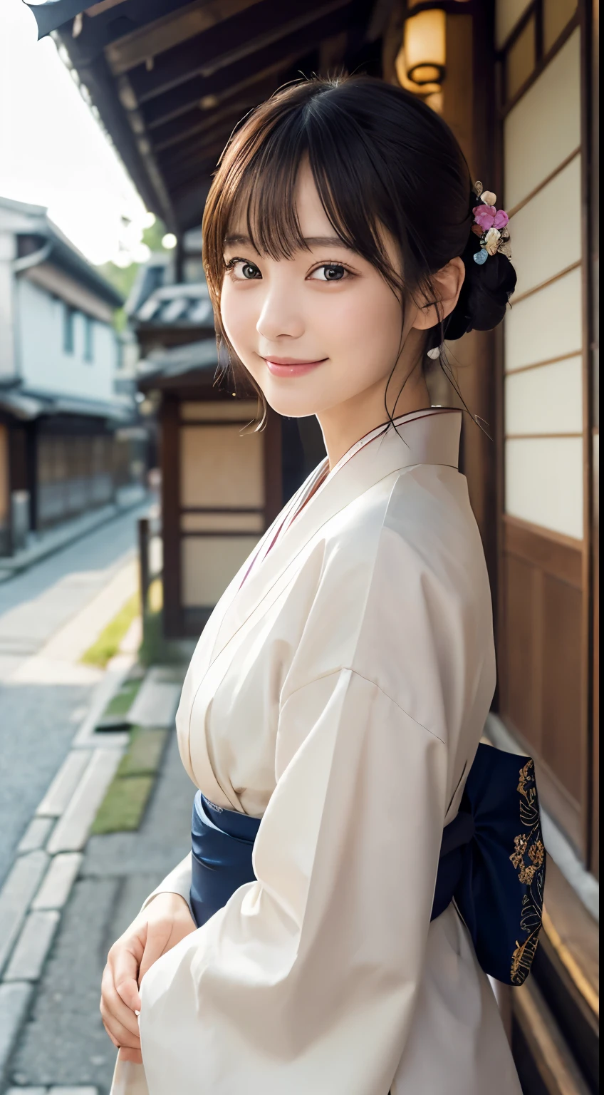 Professional Lighting,(Photorealistic:1.4), (Top image quality:1.0), (超A high resolution:1.0), 8k, Raw photography, (masterpiece:0.2), (Facing the children_v1:0.5)、(最高quality Detail:1.2)、Realistic、8K Ultra HD、High resolution、(1 girl:1.2)、超detailedな、High quality textures、複雑なdetailed、detailed、Very detailed CG、High quality shadows、detailed 美しく繊細な顔、Beautiful details and a delicate eye、(Symmetrical eyes:1.2),Written boundary depth、Ray Tracing,1 girl, Japanese Girls, (Natural smile:1.4),cute, thin, Portrait of a beautiful Japanese woman in a kimono, Standing elegantly on a street corner in Kyoto. Kimono with vibrant traditional patterns, Hair decorated with elegant and delicate hairpins, Gentle expression. (With the old streets of Kyoto in the background:1.4)、The soft light of a spring afternoon、Adding tranquility to the scene. Rendered in a Realistic style with great attention to detail, High resolutionの画像.Sky Porn, Magic Hour, (Realistic:1.3), finely, quality, (Tabletop:1.2), (Realistic:1.2), (最高quality), (複雑なdetailed), dramatic, Ray Tracing, photograph, +roller