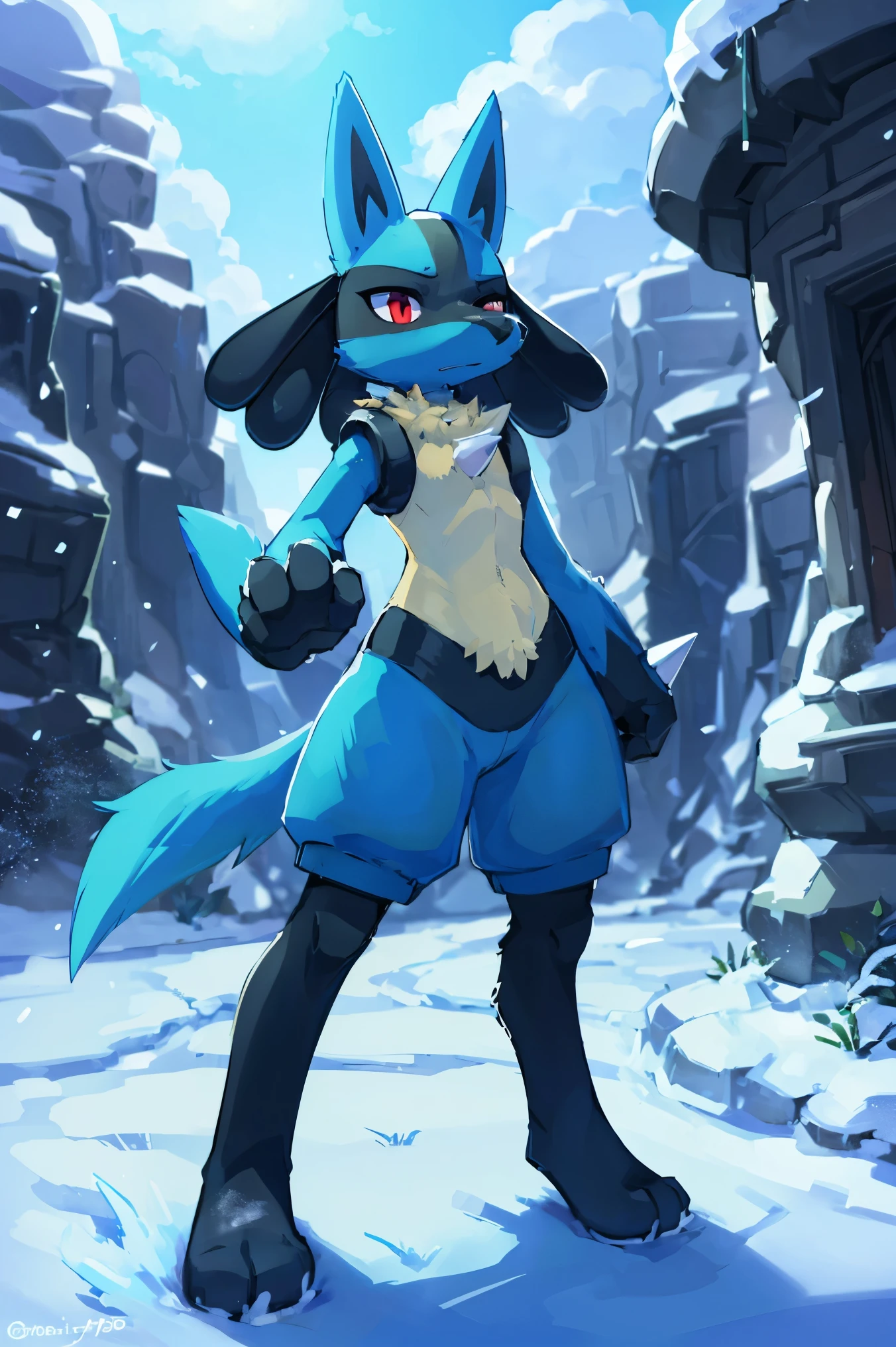 Lucario, standing, chest spike, mountains, snowing, snow, dynamic pose, combat pose, epic, cinematic lighting, volume lighting, bright tone, warm color, colorful,, masterpiece, super detail, high quality, award winning, best quality, highres, 16k