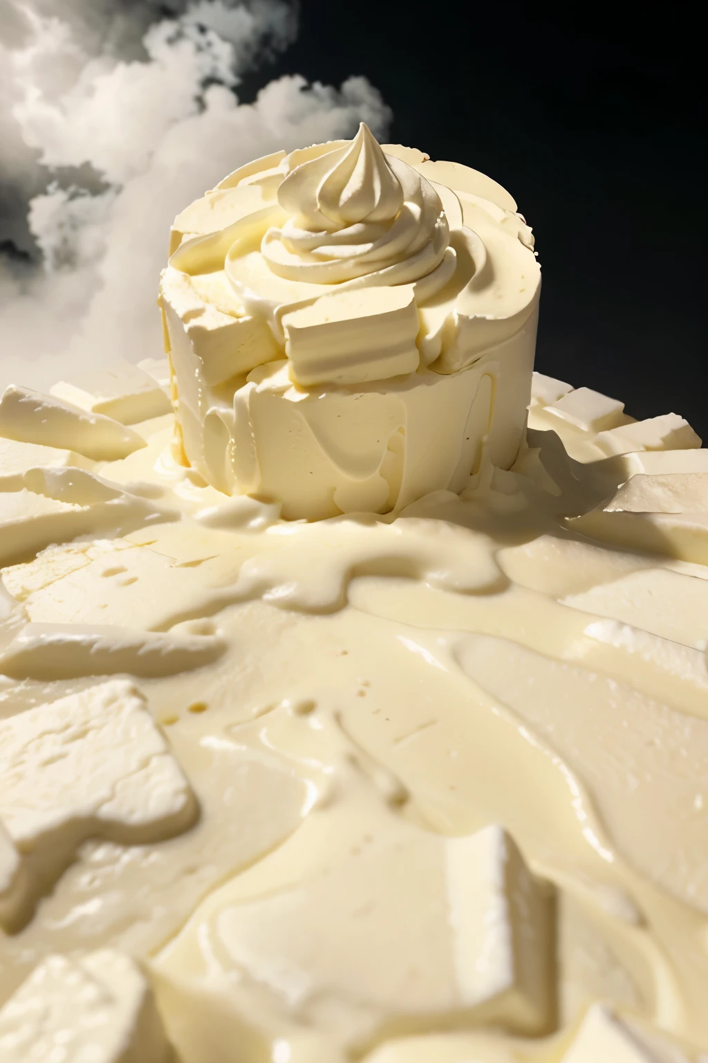Splashes of vanilla cream and blocks of butter that fall from the black storm descend to the earth, and are greeted by the hands of Satan waiting below.