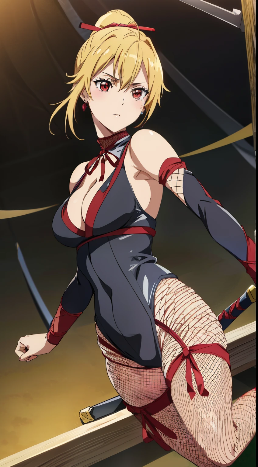 highest quality, High resolution, Anime art style, Beautiful fine details, Highly detailed face, Soft look, Stylish pose, Angelica V4,One girl,alone,Red eyes, (Earrings, (ninja:1.3),(fishnet-bodysuit:1.3), bare shoulders, detached sleeves, cleavage,thighhighs,ponytail, (red ribbon:1.2),(ninja sword:1.1), Looking at the audience, Center the image, Beautiful medium large breasts, Beautiful Face, Narrow waist, Charm, Soft lighting,