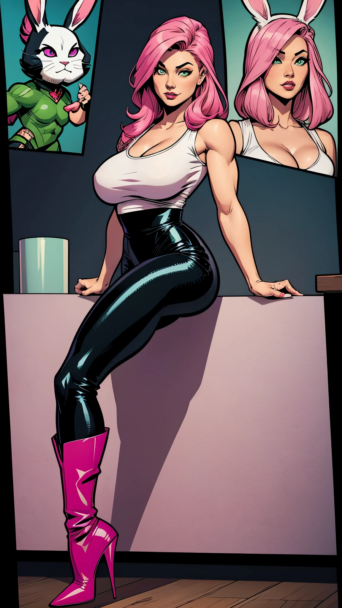 Asian girl, pink hair. Deep green eyes. black pants, a white top and a tattoo of rabbits on her arm. high-heeled boots. Busty. Comic style, marvel comics 