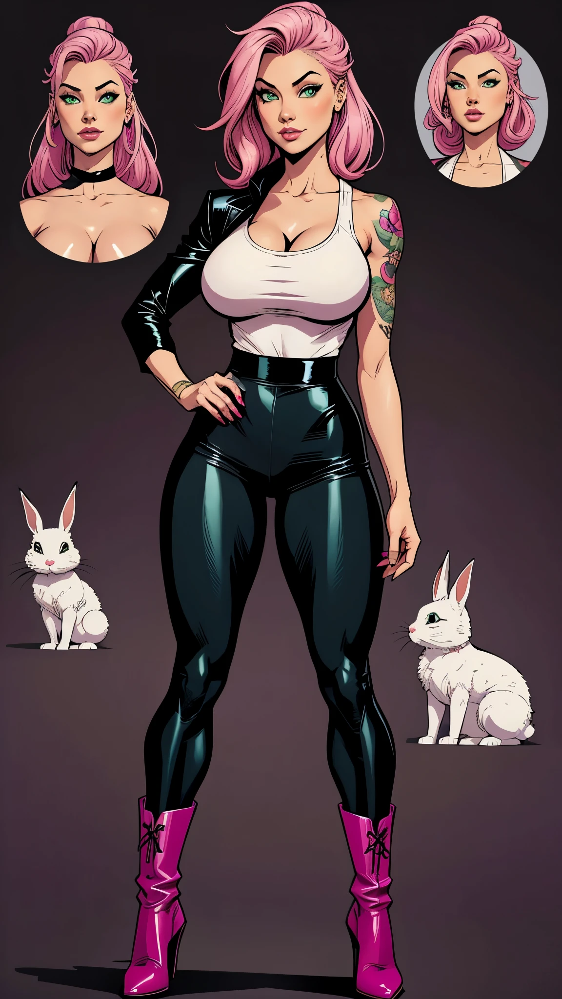 Asian girl, pink hair. Deep green eyes. black pants, a white top and a tattoo of rabbits on her arm. high-heeled boots. Busty. Comic style, marvel comics