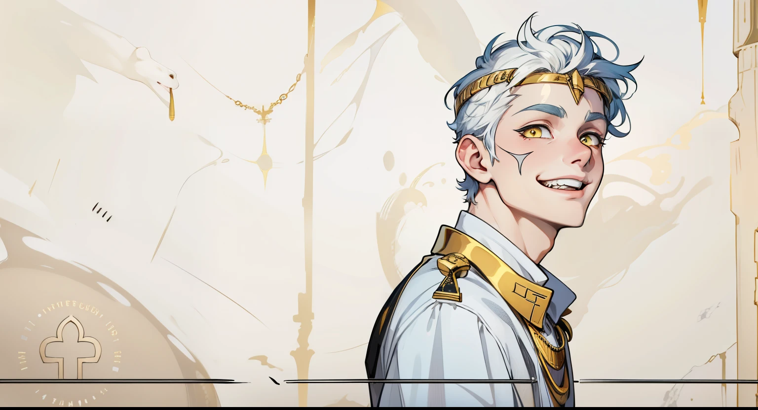 cute 18 year old boy yellow eyes white hair ancient egyptian clothing golden jewelry speaks with threat malevolent smile sarcastic mischievous smile mocking mischief