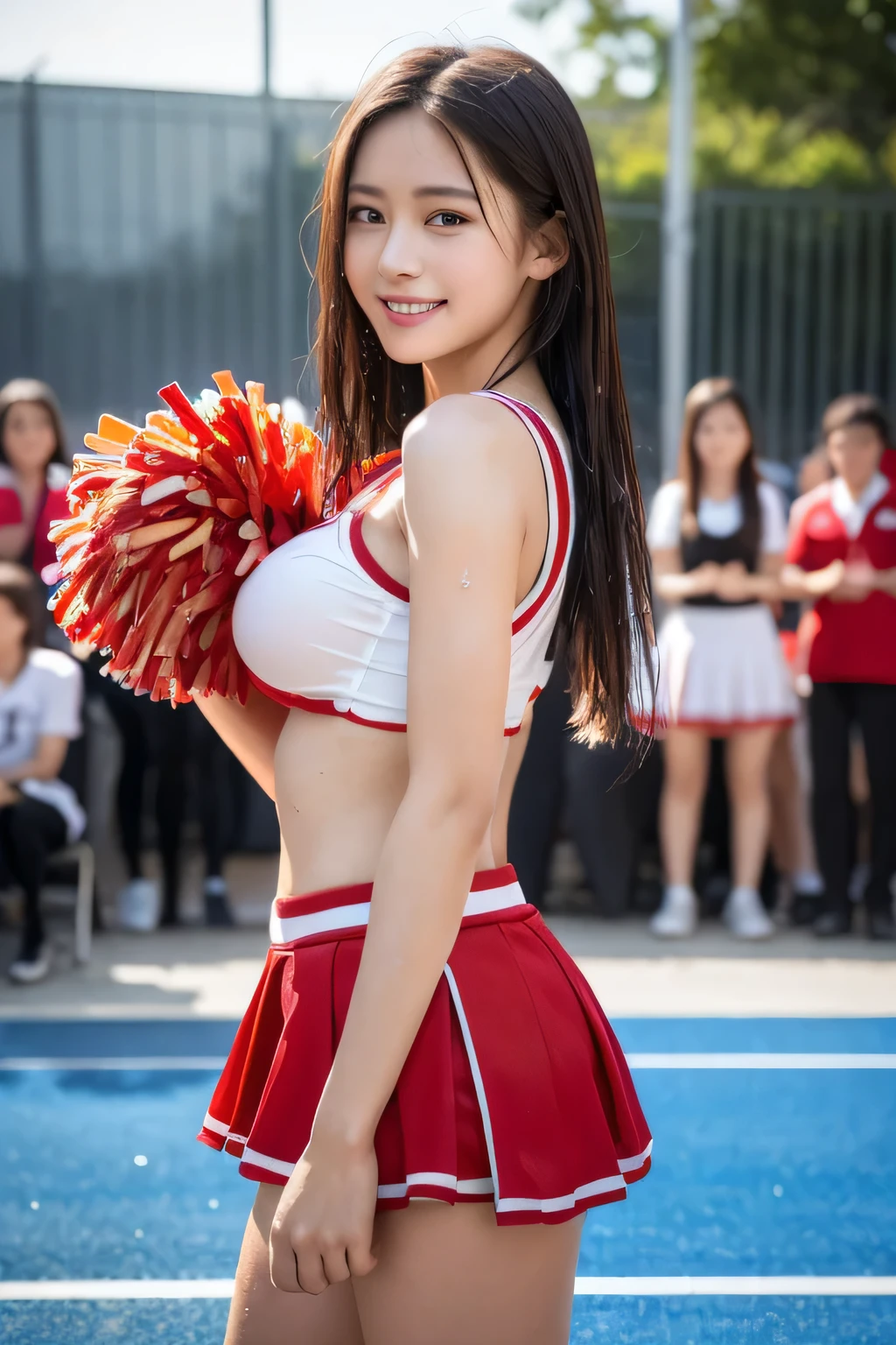 (8k、live-action、Raw photo、highest quality、masterpiece:1.2),(Outdoors),((Perfect lighting)),(Wet hair),Watching the audience,Sexy pose, cute smile,18-year-old,student,White skin,knees,Small Face,Part the front hair from the center、The forehead is visible,skinny,skinny)、masterpiece,highest quality、超A high resolution,one person, solo,Close-up shot、cute、Back to Students,(Red cheerleader outfit:1.3),High school girl,Japanese women,(Photoreal:1.37)、Photon Mapping,Realistic、cuteSmall Face,Brown eyes、prospect、Depth of written boundary、Blurred Background、Real,(I can see the front hair), hair, I can see the knees, thigh,(Nogizaka Idol), actress、Big and ample breasts、Cleavage、Super fine、Low people、(Skin with visible pores:1.2)、(Focus on the face)、8 heads、Natural neck、Check and correct the skeleton, (large breasts:1.5), (Slim body:1.3),