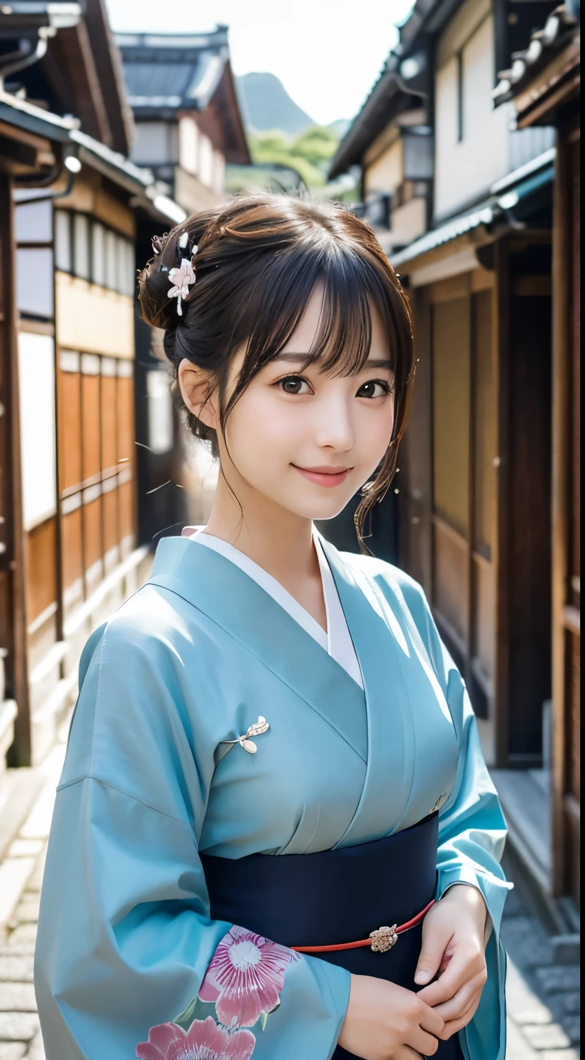 Professional Lighting,(Photorealistic:1.4), (Top image quality:1.0), (超A high resolution:1.0), 8k, Raw photography, (masterpiece:0.2), (Facing the children_v1:0.5)、(最高quality Detail:1.2)、Realistic、8K Ultra HD、High resolution、(1 girl:1.2)、超detailedな、High quality textures、複雑なdetailed、detailed、Very detailed CG、High quality shadows、detailed 美しく繊細な顔、Beautiful details and a delicate eye、(Symmetrical eyes:1.2),Written boundary depth、Ray Tracing,1 girl, Japanese Girls, (Natural smile:1.4),cute, thin, Portrait of a beautiful Japanese woman in a kimono, Standing elegantly on a street corner in Kyoto. Kimono with vibrant traditional patterns, Hair decorated with elegant and delicate hairpins, Gentle expression. (With the old streets of Kyoto in the background:1.4)、The soft light of a spring afternoon、Adding tranquility to the scene. Rendered in a Realistic style with great attention to detail, High resolutionの画像.Sky Porn, Magic Hour, (Realistic:1.3), finely, quality, (Tabletop:1.2), (Realistic:1.2), (最高quality), (複雑なdetailed), dramatic, Ray Tracing, photograph, +roller