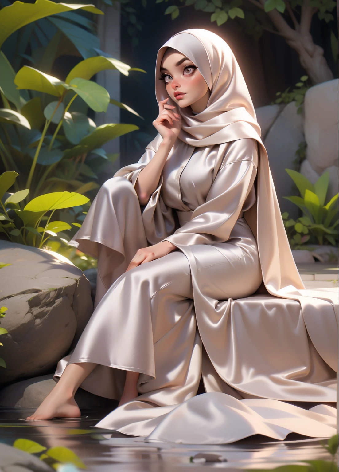 3DMM, ((Masterpiece, best quality, photography)), detailed skin, realistic, photo-realistic, 8k, highly detailed, full length frame, High detail RAW color art, diffused soft lighting, shallow depth of field, sharp focus, hyperrealism, cinematic lighting, hijab, a woman beautifully makeup, bold eyeshadow, beautiful big eyes, Brown eyes, long eye lashes, chubby, wearing ((brown satin hijab), loosely tide hijab style, ((gray satin shirt)), ((satin long dress)), sitting on rocks, garden