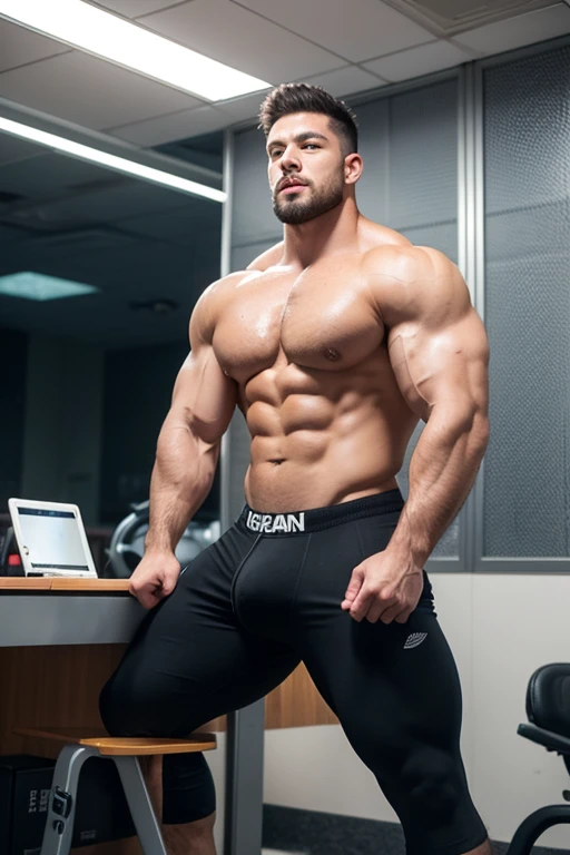 A young man working in an office cubicle turning into a weight machine as he becomes a muscular sweating dumb bodybuilder jock bro working out on it with hyper massive muscles and a swelling bulge in the crotch while his suit and tie transitions to workout gear. Induction buzz cut. Hyper muscle. Massive crotch bulge. Giant biceps. Giant triceps. Giant traps. Broad shoulders. Giant pecs. Strong abs. IQ drain. Dumber jock bro. Bodybuilder. Brainwashing.