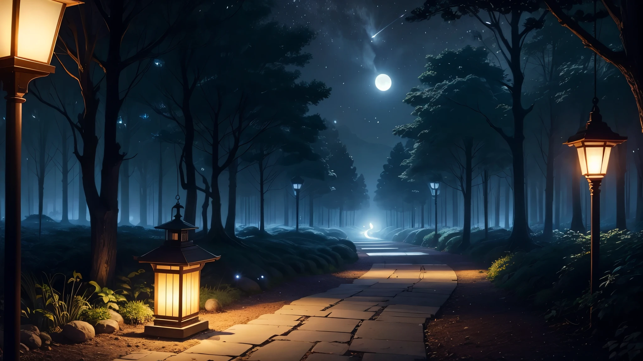 Fantastic night forest、moonlight、Firefly Light、There are lanterns placed here and there