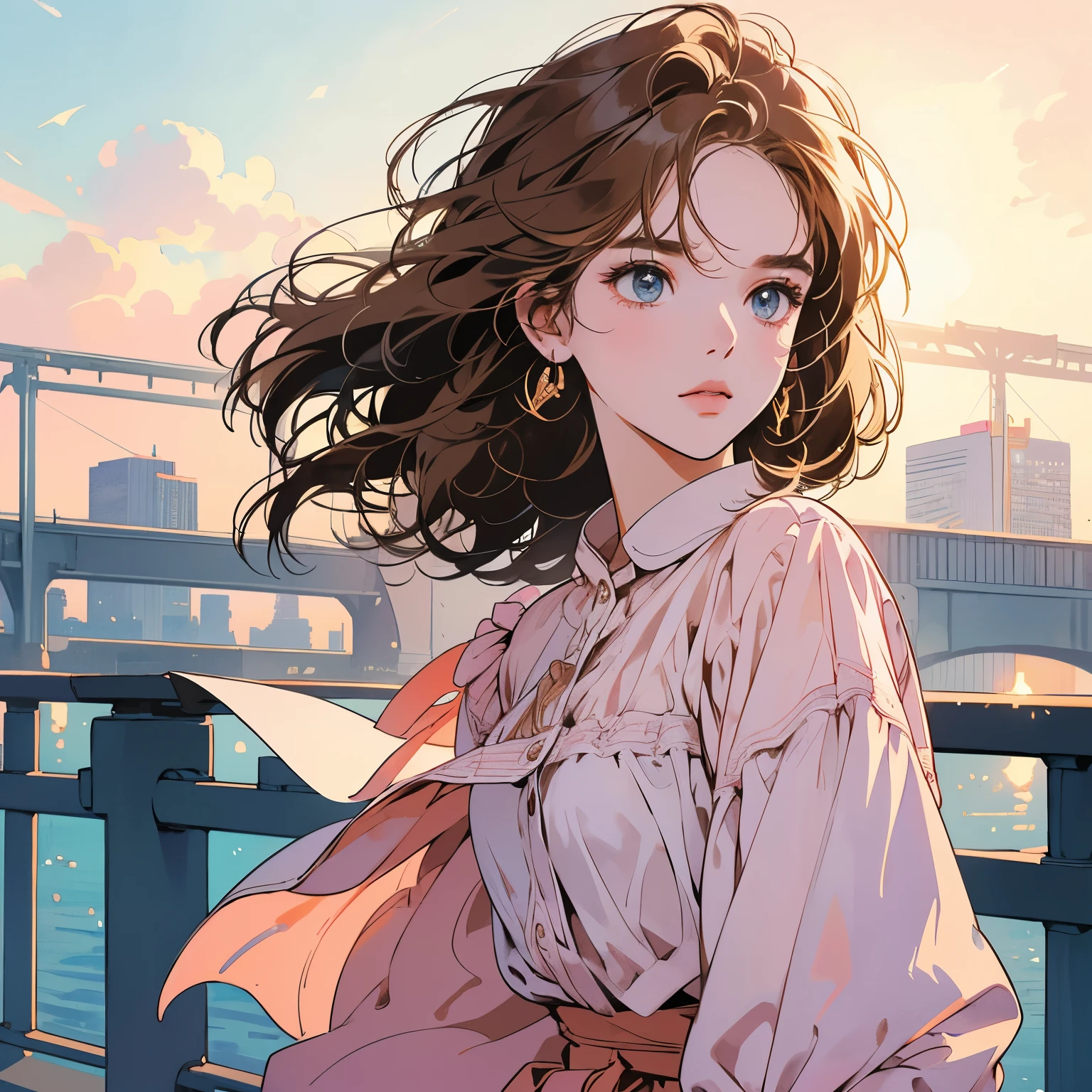 whole body、Kind Face、1 pretty woman、White blouse、Pedestrian bridge、skyscraper、Sunset、Complex background、Detailed Hair、Light brown hair、Faint lighting、The wind is blowing、(Mr.々Angle)、(An honest and strong gaze)、Short hair、Eye color is blue