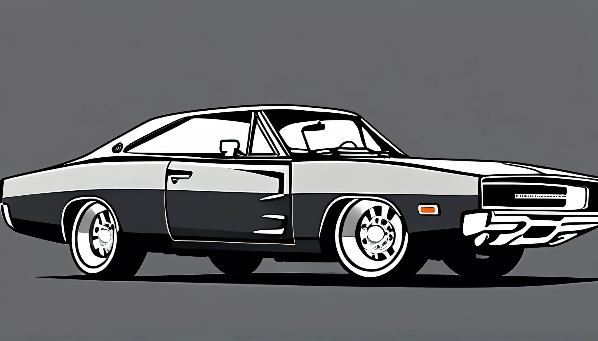  flat design of one retro, retro Dark grey colored Dodge Charger, colourful shades, 2 door, pop art, cartoonish style , sketch, detailed illustration, large black wheels, wide bodykit, masterpiece, highly detailed ((([simple grey background])))