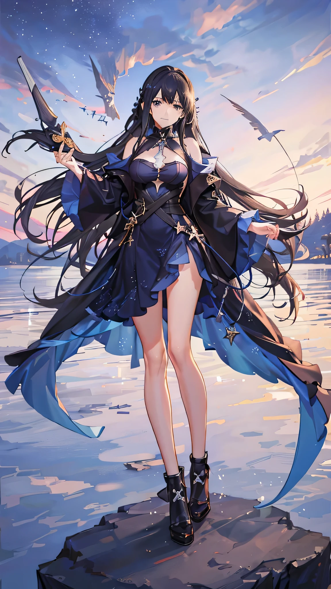 Woman in her twenties, long hair, black hair, jewel-like blue eyes, melancholic expression, white one-piece dress, slender build, night, on a lake, winter starry sky, stars shining all over, please use a starry sky as the background for two-thirds of the image, standing on a lake, looking up, fantastical atmosphere, bright overall, please draw from a distant perspective,