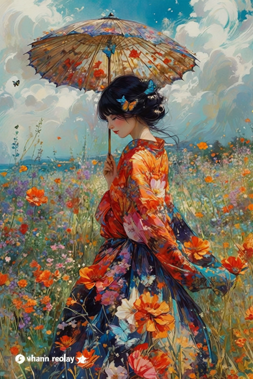 Chiaroscuro technique on a sensual illustration of a (((long hair with bangs:1.4、beautiful bangs) , vintage ,Silky dress, matte painting, John Singer Sargent, author Harumi Hironaka, Abstract background, (Upper body:1.5), (a high resolution:1.2,realistic:1.37),Girl in the magic garden, fabulous atmosphere, beautiful detailed eyes, long flowing hair, bright flowers, Butterflies flutter around, Golden rays of sunlight, Soft and dreamy color palette, fancy lighting, charming landscapes, Fantastic atmosphere, surreal elements, unearthly beauty.