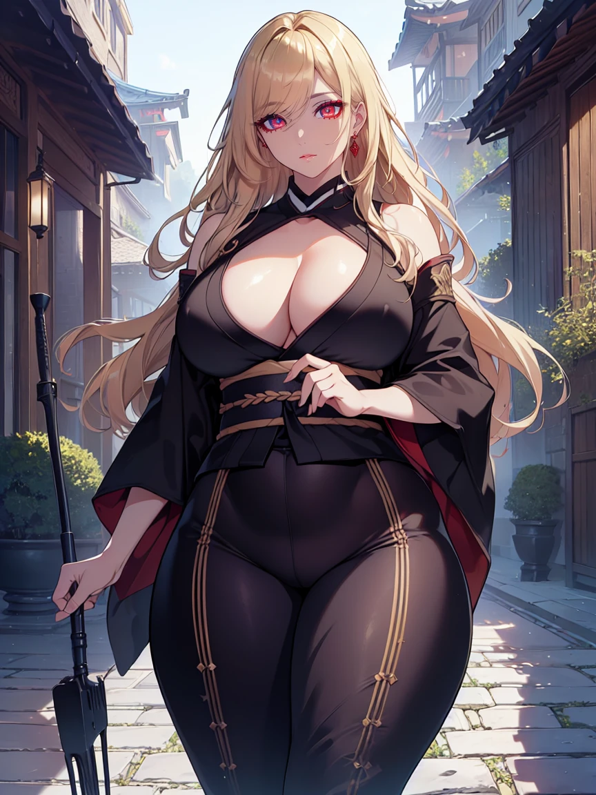 (Uhd, Masterpiece, Textured Skin, Super Detail, High Details, High Quality, Best Quality), Detailed Face, 1woman, mature pretty woman, ((wide hips, thick thighs, huge breasts)), ((Long blonde hair)), ((Black kimono), (Pants), (Huge body), (Cultivator), Courtyard with a stone floor