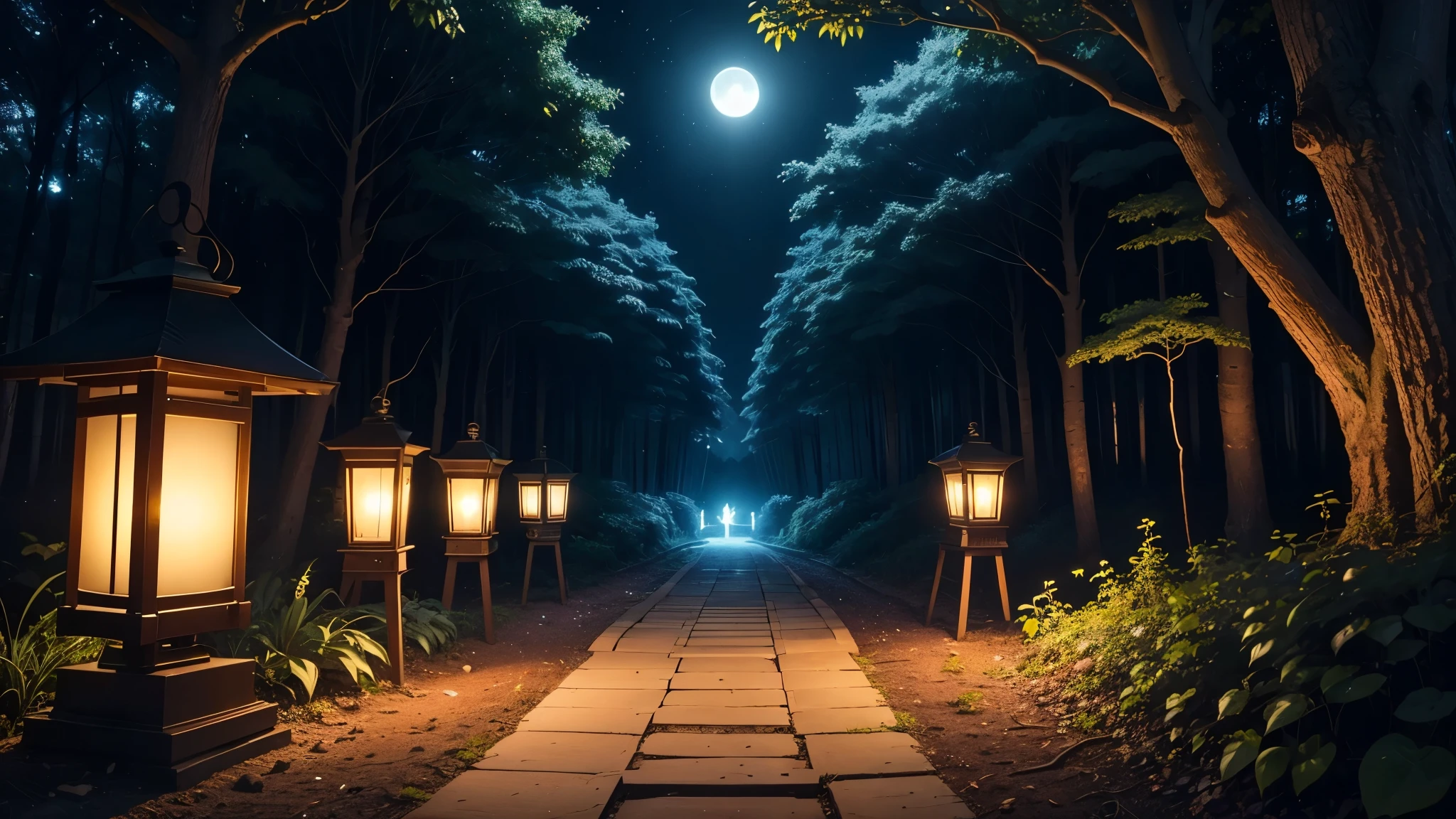 Fantastic night forest、moonlight、Firefly Light、There are lanterns placed here and there