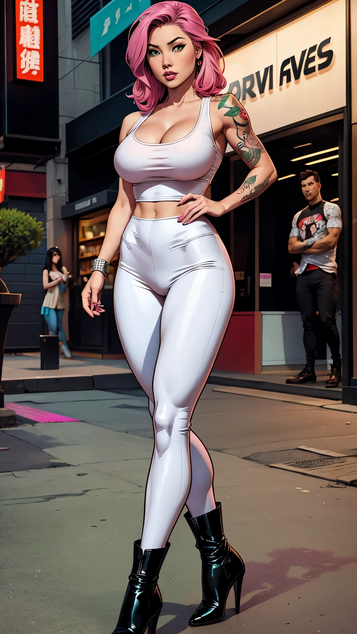 Asian girl, pink hair. Deep green eyes. black pants, a white top and a tattoo of rabbits on her arm. high-heeled boots. Busty. Comic style, marvel comics