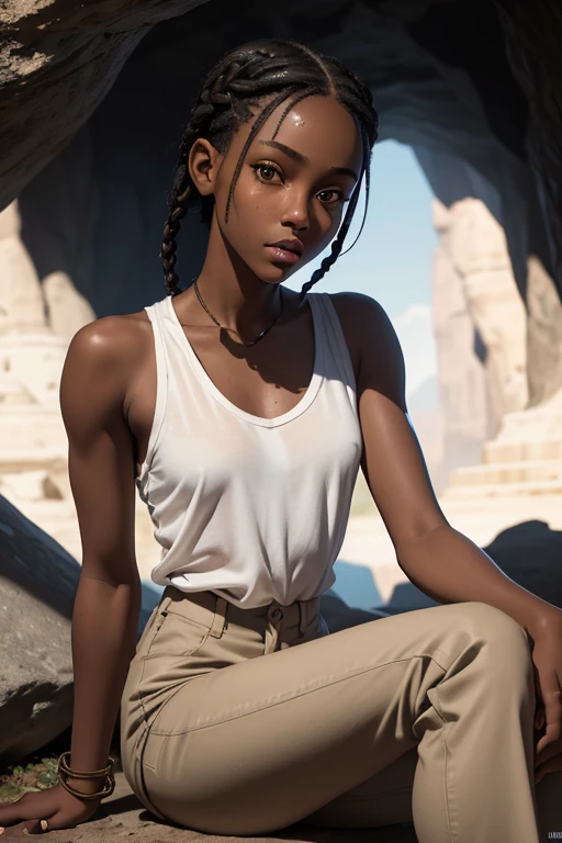 (masterpiece, best quality), deep ebony 1girl, beautiful face, short braids , cute, street clothing, beautify, Lofi vibe,, cute night vibe, concentrated, sitting, hands outside of the picture, exploring a cave, Lara Croft cosplay, white shirt, brown trousers, looking confident not sexy, cute look