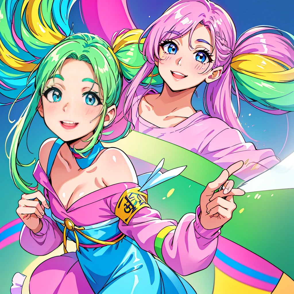 1girl, 90s cartoon style, detailed anime face, beautiful detailed eyes, beautiful detailed lips, extremely detailed eyes and face, long eyelashes, cute expression, cheerful, smiling, pigtails, colorful clothes, vibrant colors, pastel colors, bright lighting, soft lighting, concept art, digital painting, (best quality,4k,8k,highres,masterpiece:1.2),ultra-detailed,(realistic,photorealistic,photo-realistic:1.37)