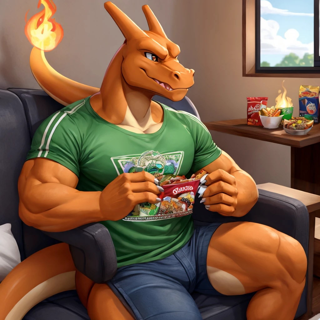 charizard with Mexico shirt eating snacks watching game