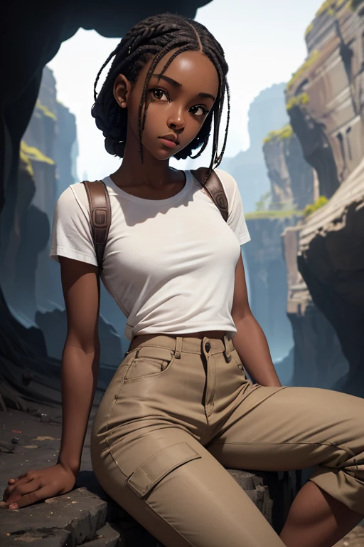 (masterpiece, best quality), deep ebony 1girl, beautiful face, short braids , cute, street clothing, beautify, Lofi vibe,, cute night vibe, concentrated, sitting, hands outside of the picture, exploring a cave, Lara Croft cosplay, white shirt, brown trousers, looking confident not sexy, cute look, clothing is dry and baggy