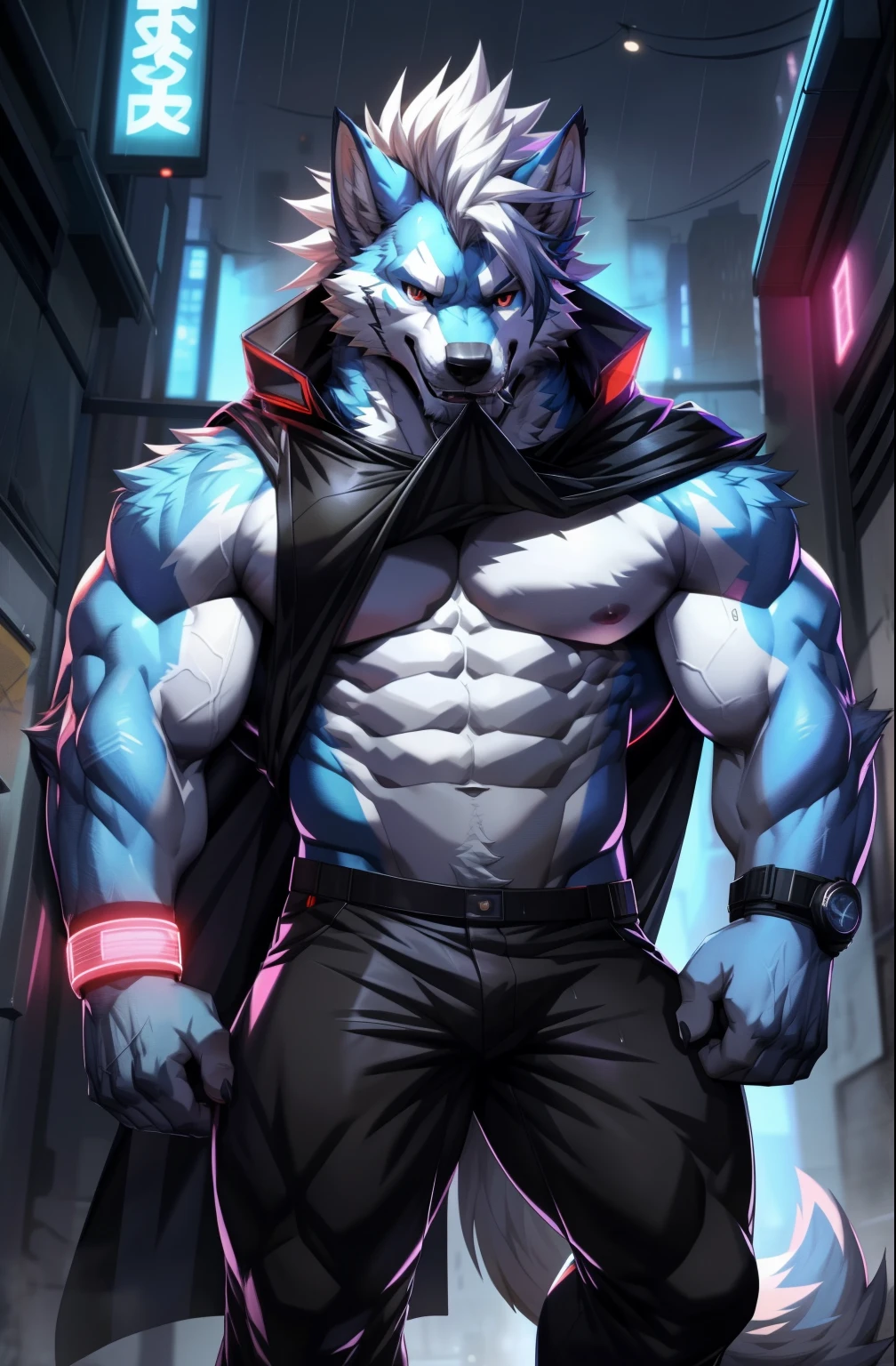 solo, anthro, furry, furry male, wolf, ((fluffy fur, fluffy, furry body)), (wolf print), red eyes, hair tuft, long hair, (light blue body, blue body, muscles), wolf tail, ((white hair, mohawk hair)), (white muzzle, white forearms), Camera Recording POV, Camera POV, security footage pov, holding shirt up, exposing chest, hem of shirt in mouth, detailed fluffy fur, detailed face, detailed eyes, black cloak, black cloak covering whole body, cloak over body, black tank top, skintight bodysuit, smaller arms (full body, round ass, fluffy ass, Red LED glowing collar), cyberpunk, valorant,(by DRKS, by raccoon21, by Sollyz, by null-ghost, masterpiece, high quality,hi res,8k hd), close-view portrait, looking at viewer, night, bleeding, outdoors, dark alleyway, ruined city, cute face, open mouth, teeth, detailed teeth, grinning expression, raining, dreary night, camera view angled from above, heavy shadows, athletic build,