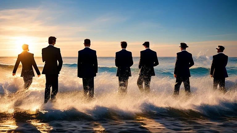 Middle-aged Mesmerizing Dance on the Shoreline
Five dapper gentlemen, clad in impeccable suits, exhibiting an unconventional synchronization of movements, with their backs turned towards an unending expanse of the sea. The waves, in a rhythmic dance of their own, roll behind them, adding an aura of energy and fluidity to the scene. Despite its surreal depiction, the image maintains a high-quality finish, capturing every nuance of their graceful poses and the play of light on the water's edge. An entrancing, unrealistic masterpiece in 4K resolution, with each detail poignantly et