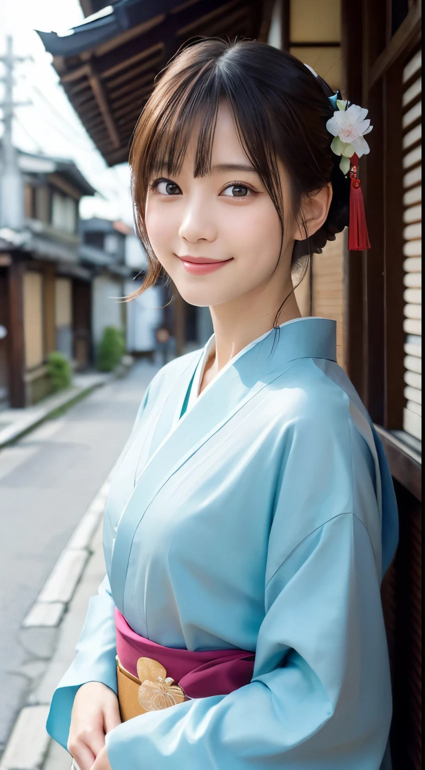 Professional Lighting,(Photorealistic:1.4), (Top image quality:1.0), (超A high resolution:1.0), 8k, Raw photography, (masterpiece:0.2), (Facing the children_v1:0.5)、(最高quality Detail:1.2)、Realistic、8K Ultra HD、High resolution、(1 girl:1.2)、超detailedな、High quality textures、複雑なdetailed、detailed、Very detailed CG、High quality shadows、detailed 美しく繊細な顔、Beautiful details and a delicate eye、(Symmetrical eyes:1.2),Written boundary depth、Ray Tracing,1 girl, Japanese Girls, (Natural smile:1.4),cute, thin, Portrait of a beautiful Japanese woman in a kimono, Standing elegantly on a street corner in Kyoto. Kimono with vibrant traditional patterns, Hair decorated with elegant and delicate hairpins, Gentle expression. (With the old streets of Kyoto in the background:1.4)、The soft light of a spring afternoon、Adding tranquility to the scene. Rendered in a Realistic style with great attention to detail, High resolutionの画像.Sky Porn, Magic Hour, (Realistic:1.3), finely, quality, (Tabletop:1.2), (Realistic:1.2), (最高quality), (複雑なdetailed), dramatic, Ray Tracing, photograph, +roller