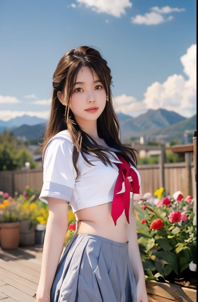 KAJK，1girl,(background: Garden),looking at viewer,photorealistic,realistic,solo,Outdoor:2,Flowers,Blue sky and white clouds,Mountains,Audience,see-through,navel,school uniform,