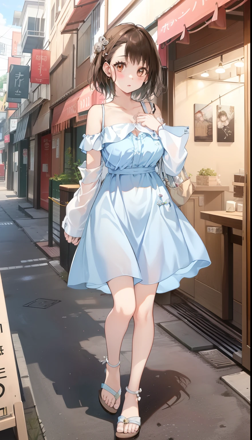 One Girl、positive、Standing posture、Full body portrait、Black Hair、Medium Haircut、blush、Absolute area、No panties、No bra、barefoot、Light blue dress、Off-the-shoulder dress、(Very large breasts)、Cleavage、((Lesbians around the world))、masterpiece、(highest quality)、、White heel sandals、Shirt buttons fly off、Unbutton your shirt、Exposing the breasts、Shopping Street