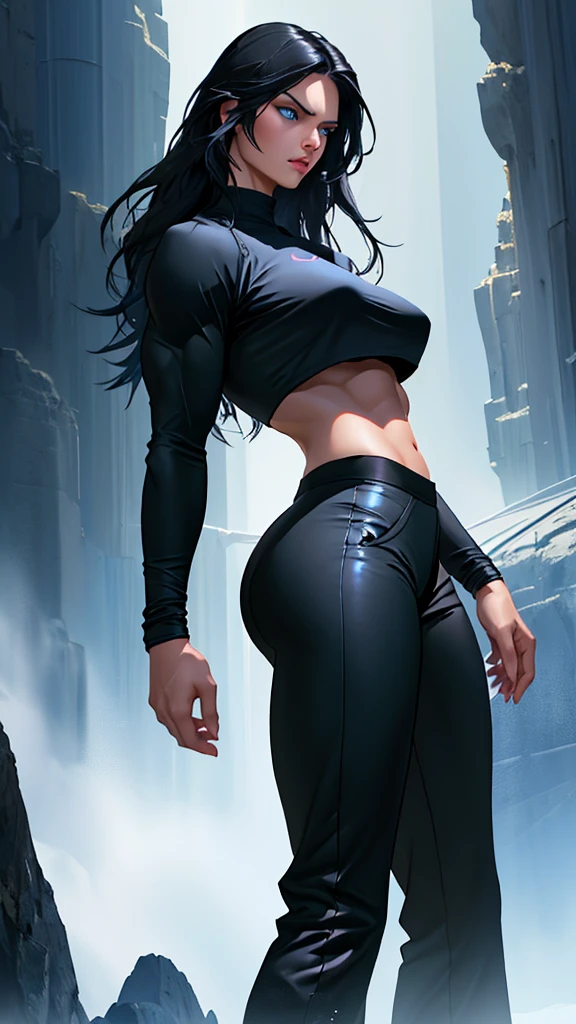 1 muscular well-built tall woman, long black hair, blue eyes, seductive look, wearing black sports pants, blue Nike cropped top, large breasts, wide hips and large buttocks, photorealistic, highly detailed, 8k, masterpiece, cinematic lighting, dramatic atmosphere, realistic skin texture, intricate details
