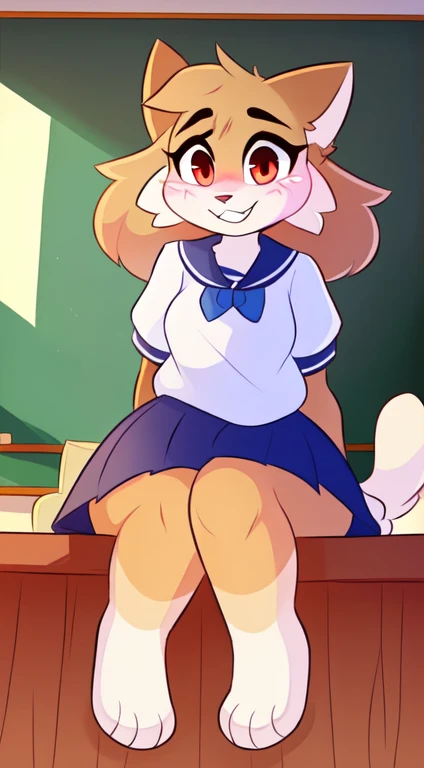 by teranen, by freeedon, by Kilinah, by Coffeesoda, by Hioshiru, by Kilinah, (Chuck jones Type Cartoon Cat, woman, breasts, antrum, extremely detailed, extremely detailed legs, extremely detailed arms, extremely detailed face, perfectly detailed eyes, perfectly detailed anatomy): 1.2, solo, perspective, curved thighs, huge thighs, curvature, embarrassed smile, (tail), totally blushed, nervous, looking at the viewer, bedroom, red eyes, school girl uniform, school, day, classroom, sitting on a desk