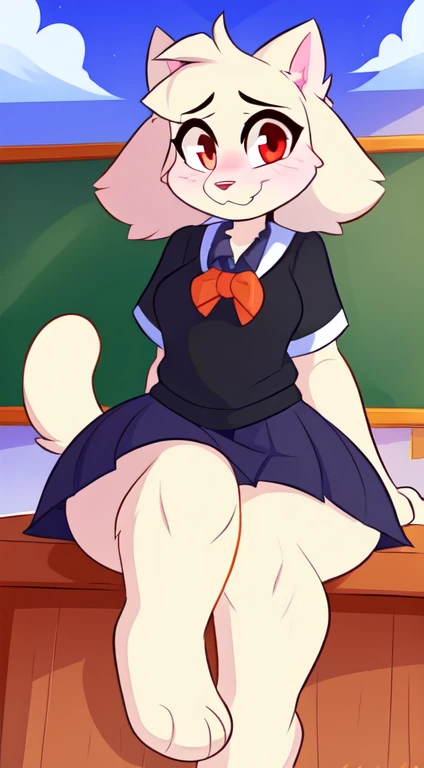 by teranen, by freeedon, by Kilinah, by Coffeesoda, by Hioshiru, by Kilinah, (Chuck jones Type Cartoon Cat, woman, breasts, antrum, extremely detailed, extremely detailed legs, extremely detailed arms, extremely detailed face, perfectly detailed eyes, perfectly detailed anatomy): 1.2, solo, perspective, curved thighs, huge thighs, curvature, embarrassed smile, (tail), totally blushed, nervous, looking at the viewer, bedroom, red eyes, school girl uniform, school, day, classroom, sitting on a desk