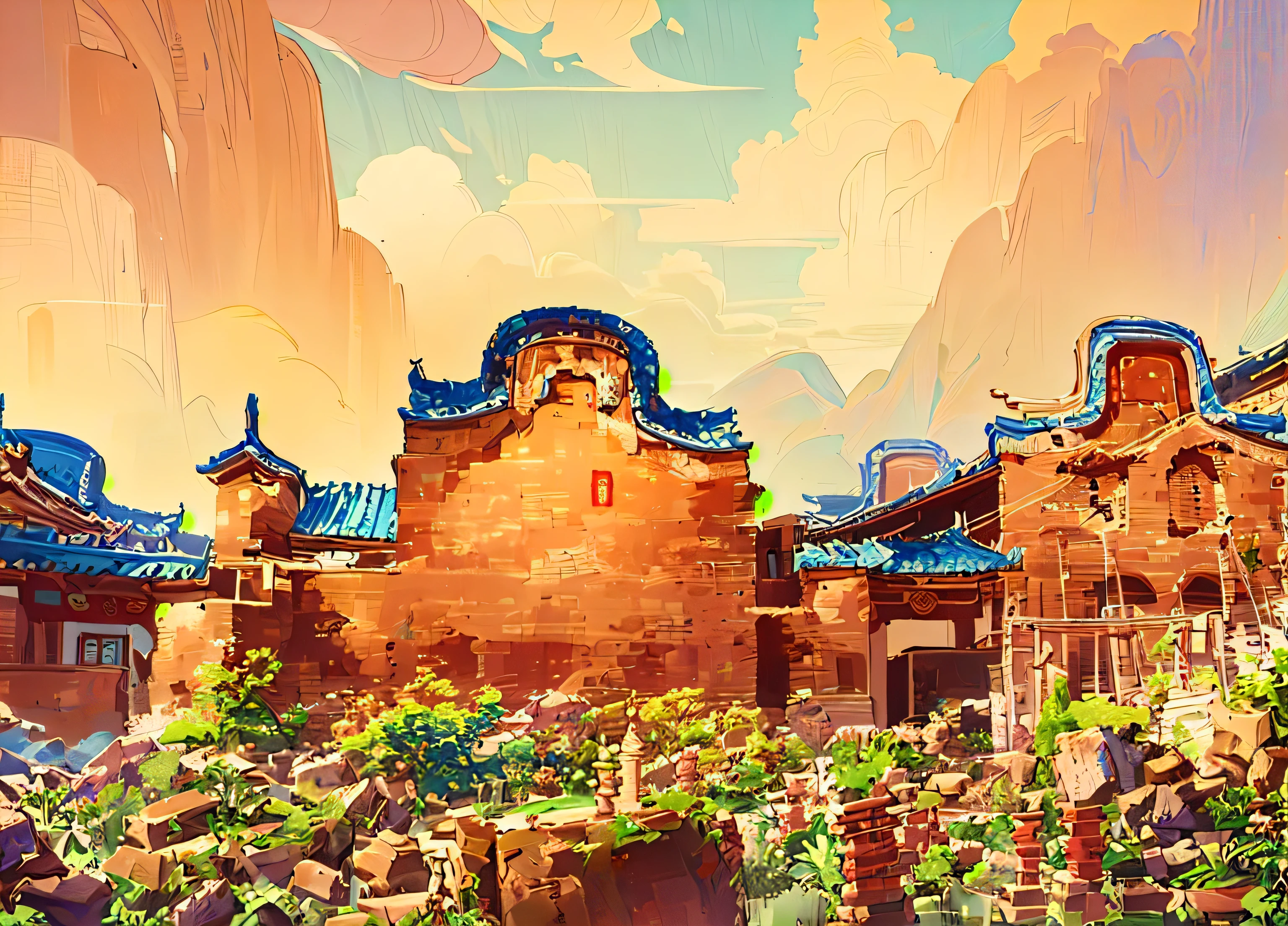There is a pile of stones in front of the building, ancient Chinese Architecture, Ancient buildings, Ancient city landscape, Chinese Architecture, gujian, Stone carved buildings, Chinese Village, Tang Dynasty Palace, Baishi Ancient City, by An Zhengwen, A beautiful artistic illustration,poster illustration, Chinese Architecture, Miyazaki style,masterpiece,Ultra-high detail,high resolution,8K