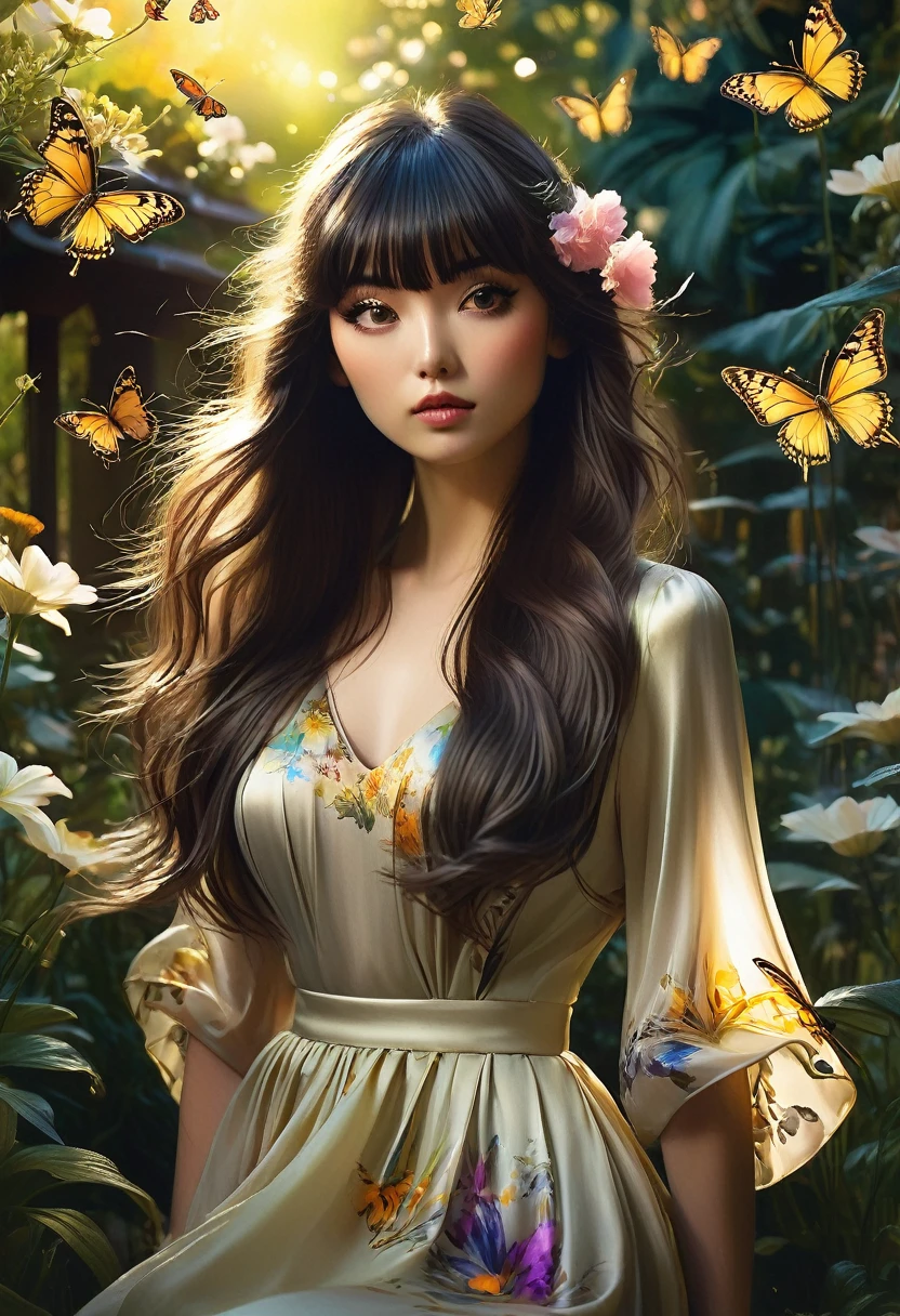 Chiaroscuro technique on a sensual illustration of a  (((long hair with bangs:1.4.Beautiful bangs) , vintage,silky dress, matte painting, John Singer Sargent, author Harumi Hironaka, Abstract background, (upper body:1.5), (High resolution:1.2,Realistic:1.37),A girl in a magical garden, A fabulous atmosphere, beautiful detailed eyes, long flowing hair, bright flowers, butterflies fluttering around, golden rays of sunlight, soft and dreamy color palette, whimsical lighting, charming landscapes, fantastic atmosphere, Surreal elements, unearthly beauty.