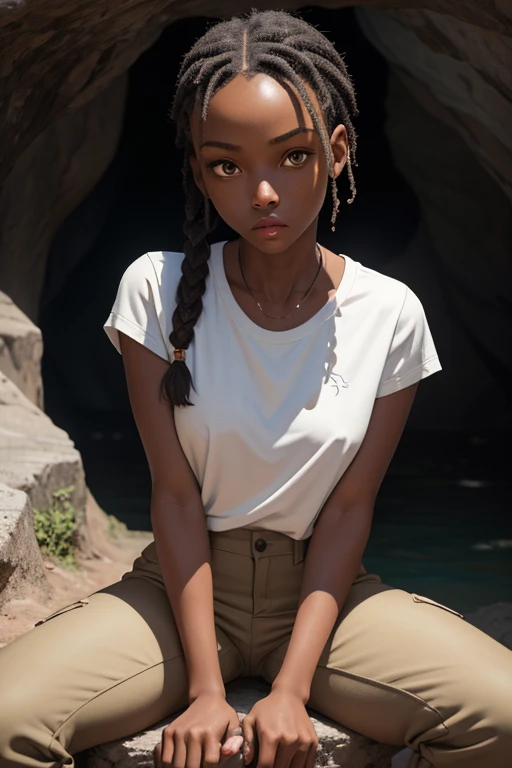 (masterpiece, best quality), deep ebony 1girl, beautiful face, short braids , cute, street clothing, beautify, Lofi vibe,, cute night vibe, concentrated, sitting, hands outside of the picture, exploring a cave, Lara Croft cosplay, white shirt, brown trousers, looking confident not sexy, cute look, clothing is dry and baggy, Jonah is by her side