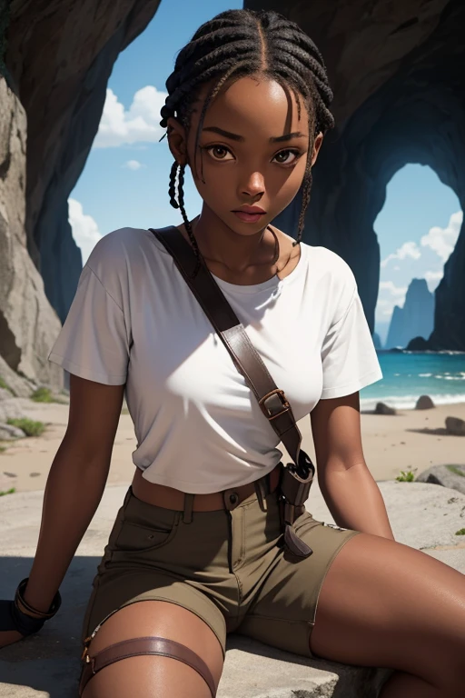 (masterpiece, best quality), deep ebony 1girl, beautiful face, short braids , cute, street clothing, beautify, Lofi vibe,, cute night vibe, concentrated, sitting, hands outside of the picture, exploring a cave, Lara Croft cosplay, white shirt, brown trousers, looking confident not sexy, cute look, clothing is dry and baggy, Jonah is by her side