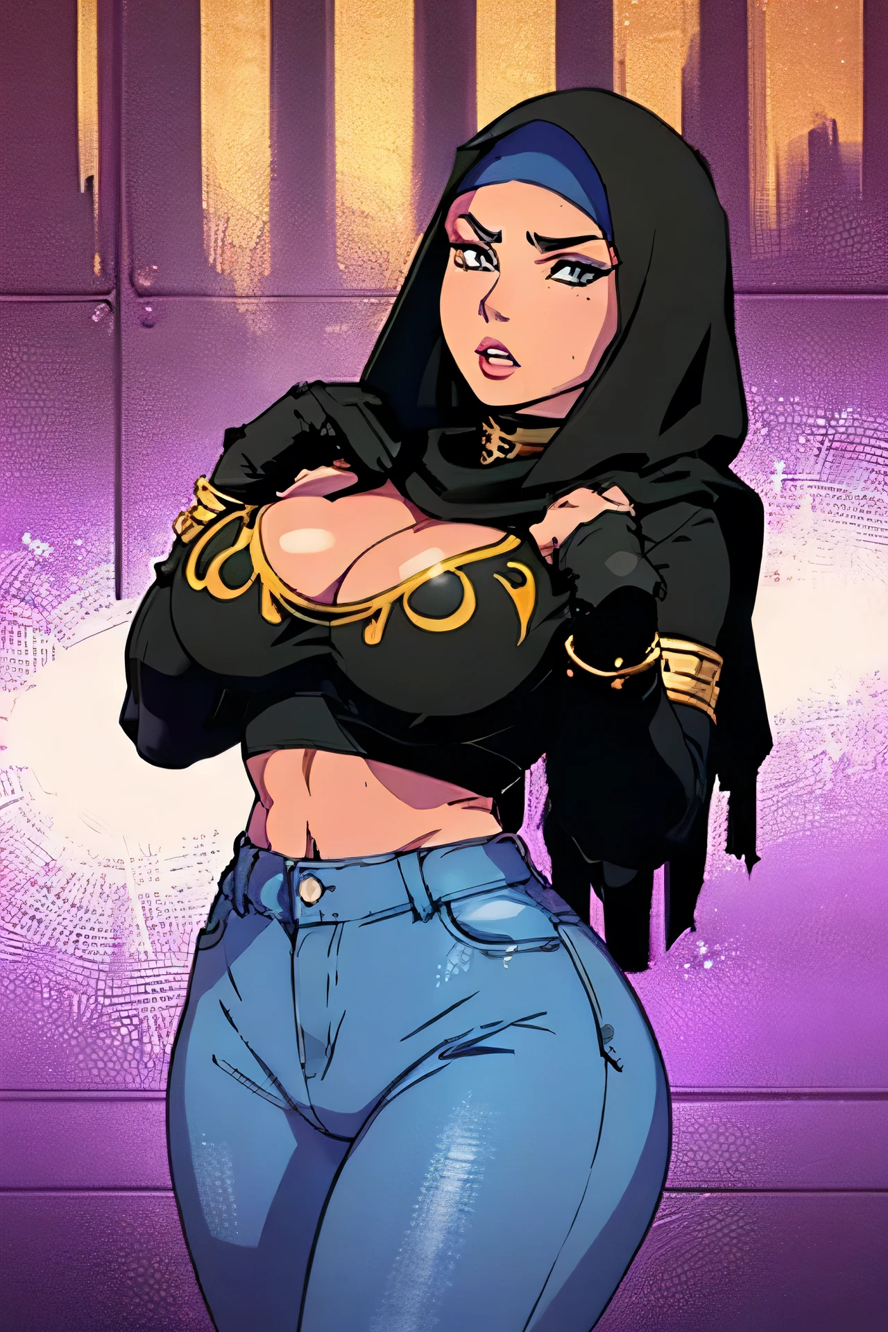 1girl, solo, ((wrestling ring background)), ((slutty facial expression)), perfect body , fit , local Egyptian face, small titties, makeup heavy, very pretty , slutty, eyebrows, parted lips, thighs, wears a hijab, long sleeves black highcollar short crop top,skin tight jeans , jeans tight on her groin area, crotch , ( pussy details 4:1), ( pussy camel toe 2:1 ). Obvious pussy underneath the clothes . Thighs, standing , seductive.