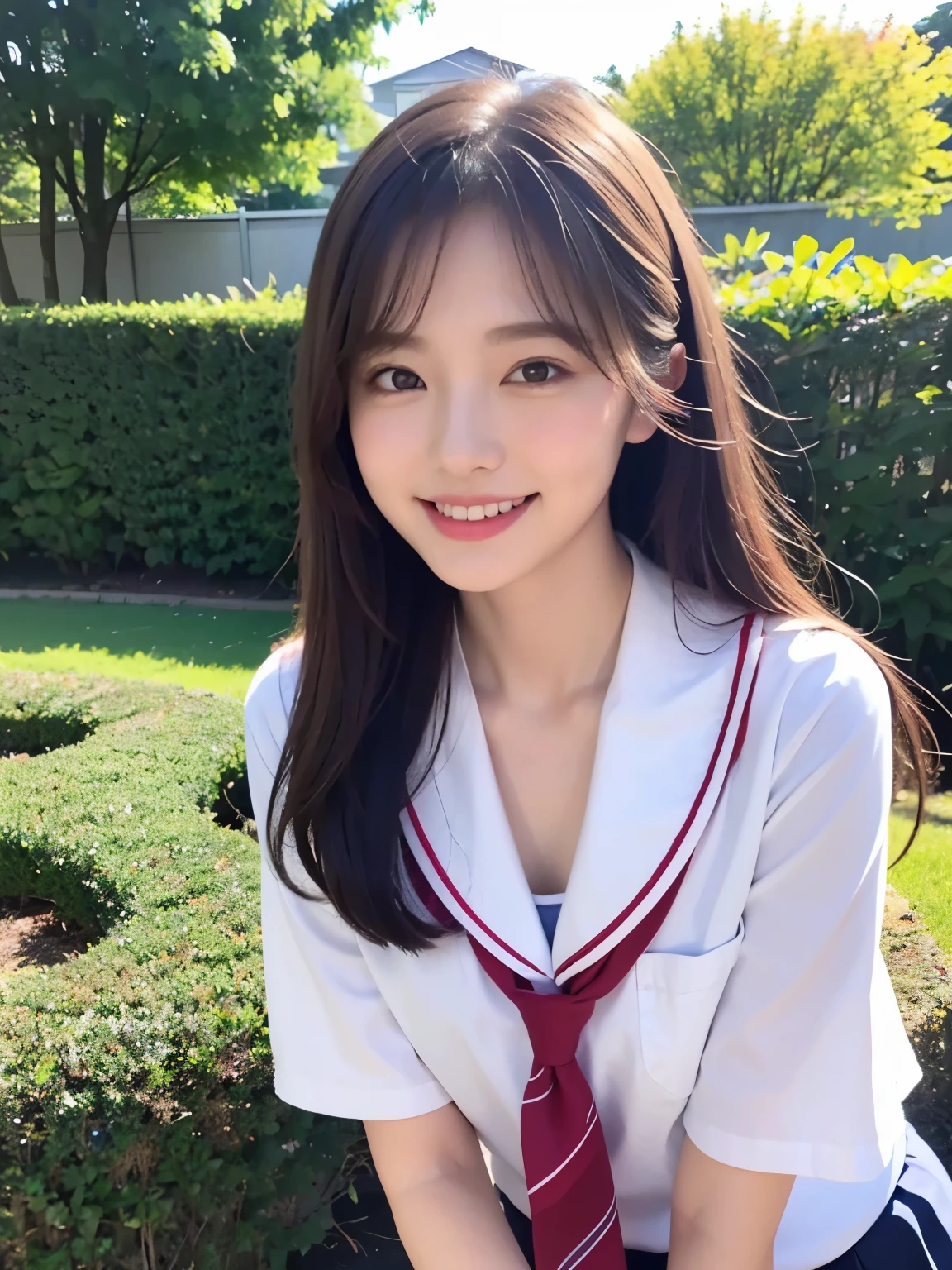 Realistic, High resolution, 1 female, Glowing Skin, alone, Wide lips,round face,Realistic skin texture,Genuine,Detailed face,high school girl,White skin,whole bodyショット,,smile,Model-like style,whole body,garden,schooluniform,Captivating look,Thin legs
