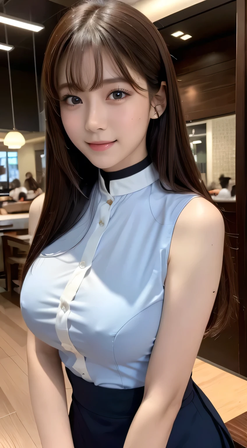 (highest quality, masterpiece:1.3, 超A high resolution), (Super detailed, Caustics), (Realistic:1.4, RAW shooting), Ultra-Realistic Capture,Very detailed,High resolution 16k, Human skin close-up, The skin texture is natural, It must be detailed enough to be easily identifiable.。 Skin should look healthy and have an even tone。 Use natural light and color, restaurant, Waitress Uniform, 1 girl, Japanese, 18-year-old, cute, Medium Hair, Big Breasts, smile, Turn your body forward, (View from the front:1.1), Looking into the camera, (Cowboy Shot), vision, focused on the chest, Brown Hair, Black choker, Lots of long eyelashes, blue eyes, bangs、Beef steak on a tray