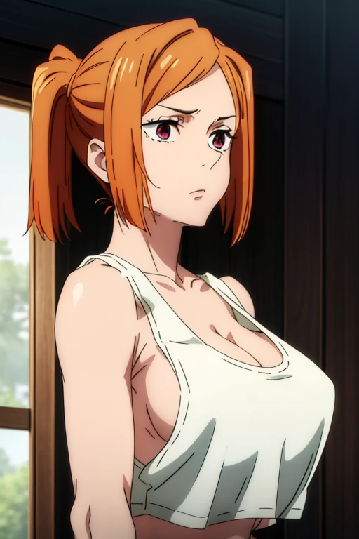 (Best Quality, masterpiece, High resolution, anime screen cap, anime colours), Orange hair, Nobara Kugisaki, Embarrassed look:1.3, (large full breasts:1.5), cleavage, (Thin fabric, White tank top:1.8, no-bra:1.5), Slimed, Lower your arms, squeezing breasts:1.5, Leaning forward, Upper body, Bedrooms, (Perfect Anatomy, perfect detailed body, Eyes and hair in beautiful detail, Beautiful breasts and skin),