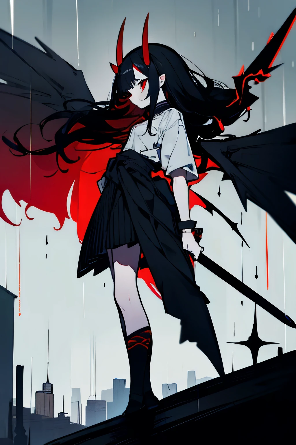 Girl, long curly black hair, red eyes, horns growing from the side of her head, slightly small in stature, bat-like wings growing from her waist, carrying a sword, city, raining 