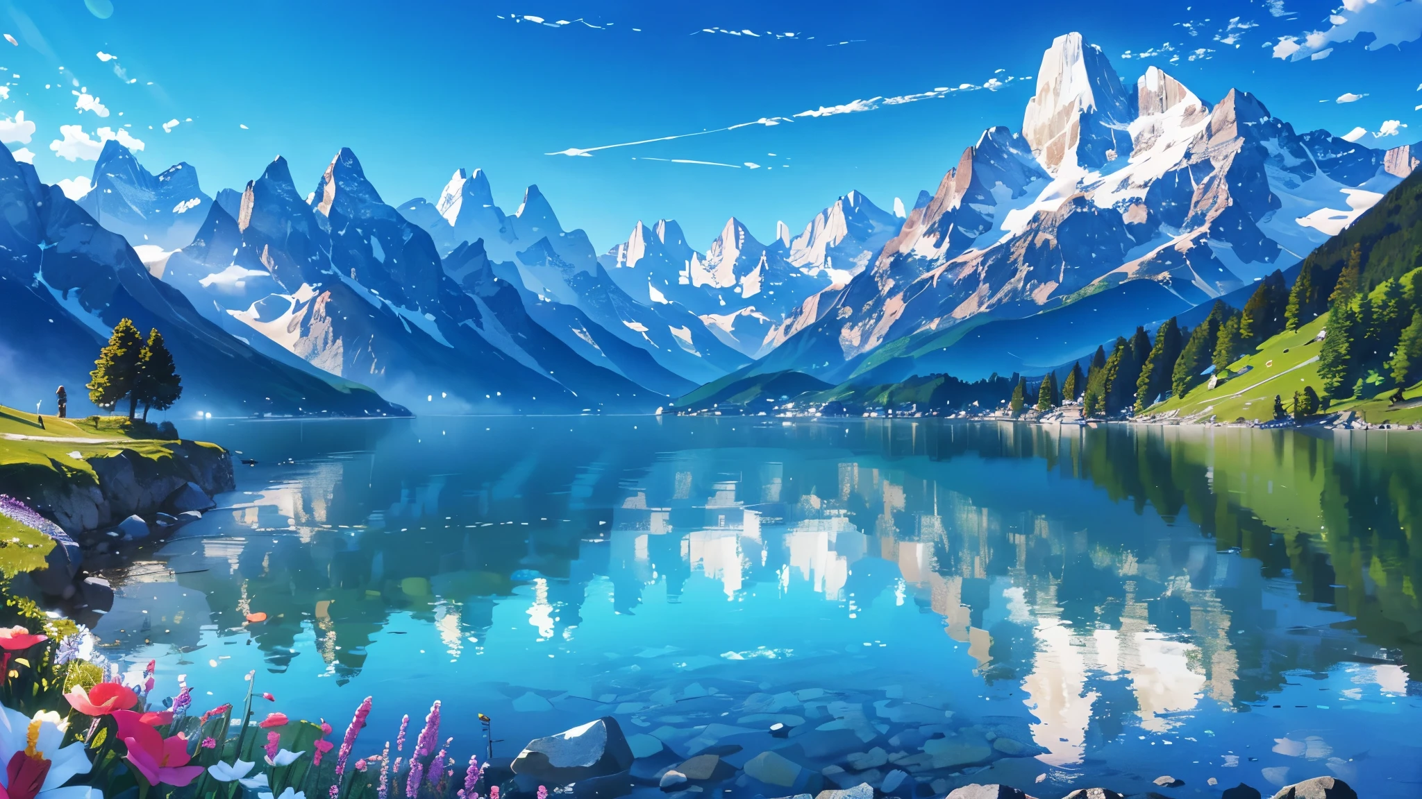 ((obra prima)) Swiss Alps with lake reflecting mountains, ultrarealista, blue skies, ((no_humans)), flores do campo, ultra hd