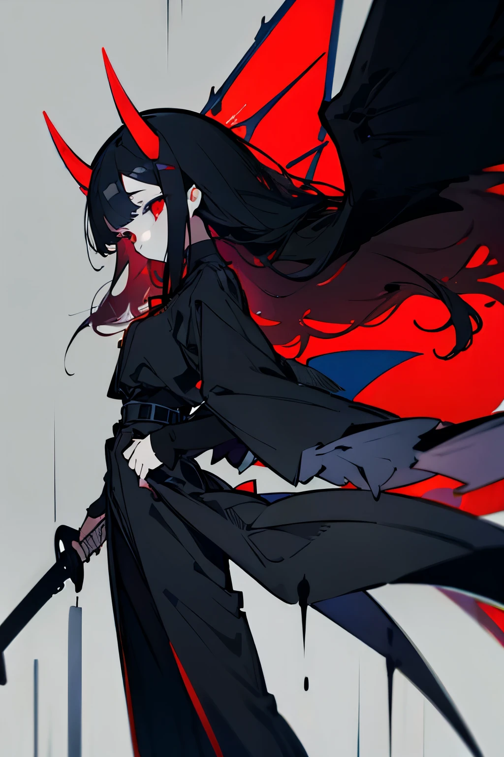 Girl, long curly black hair, red eyes, horns growing from the side of her head, slightly small in stature, bat-like wings growing from her waist, carrying a sword, city, raining