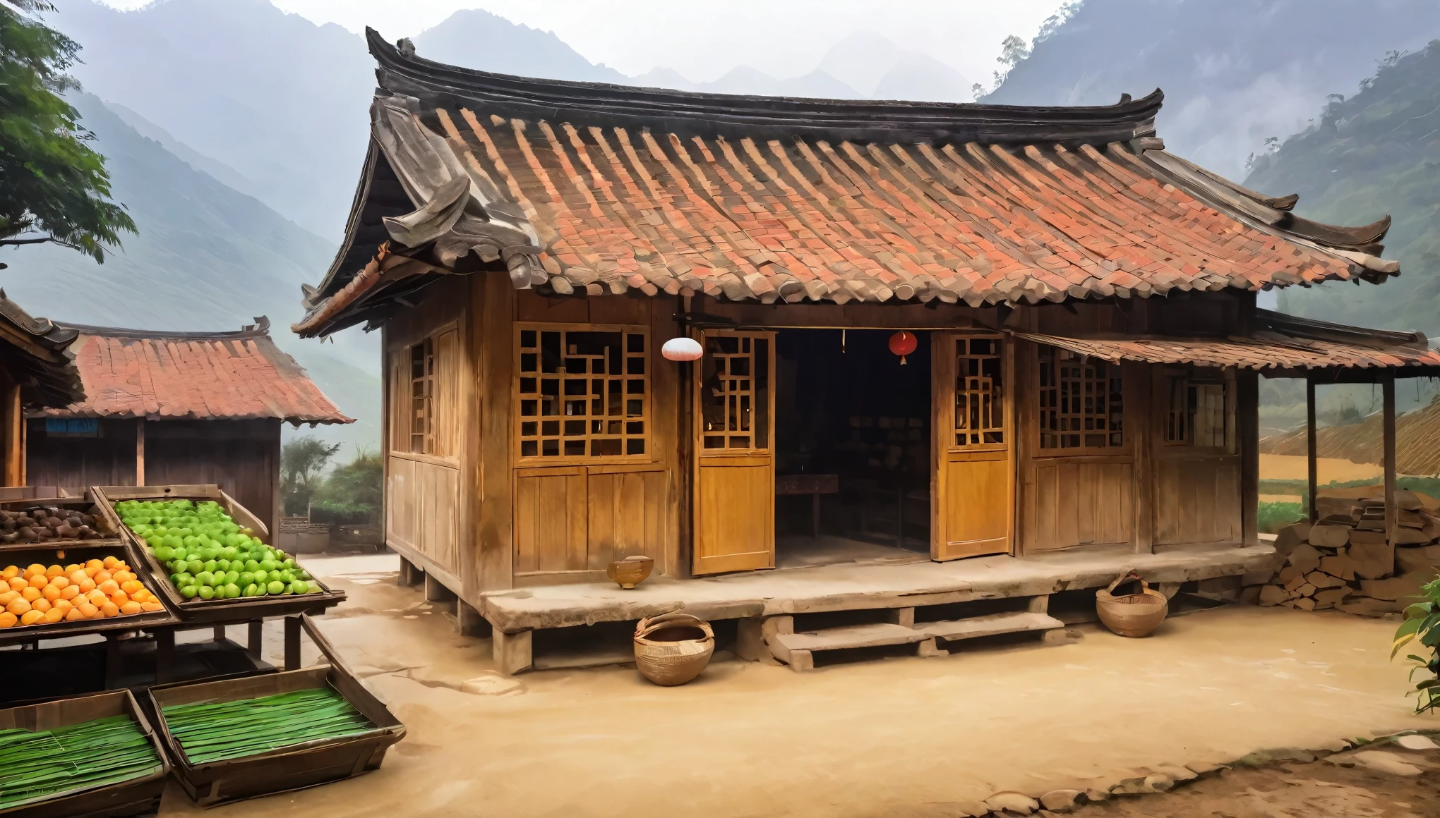 Small courtyard in rural China，There is a dilapidated wooden house inside，The hut is a canteen，There are three words on the door &References;commissary&References; It says.，There are wooden shelves in the house，There are all kinds of snacks in it.，The background is the mountains of Yunnan，Foggy，Aerial Photography，illustration，Fresh，peaceful，