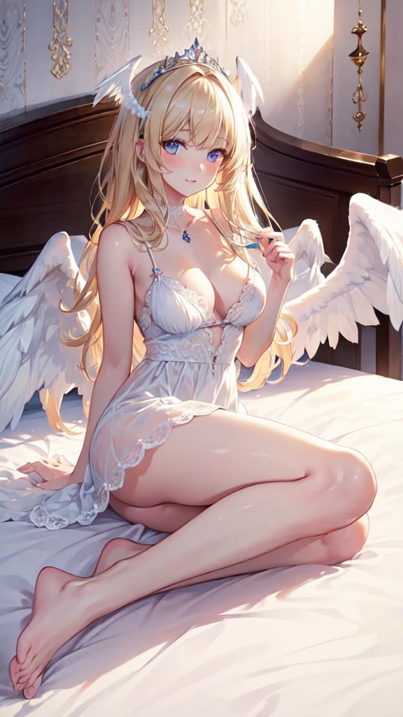 (best quality,4k,8k,highres,masterpiece:1.2),ultra-detailed,(realistic,photorealistic,photo-realistic:1.37),
cute young adult woman,smiling cutely,princess,outstanding style,beautiful clavicle,beautiful body,beautiful chest, beautiful thigh,beautiful legs,beautiful fingers,
(perfect anatomy, anatomically correct, super detailed skin),silky smooth skin,shiny skin,
beautiful large breasts flowimg smoothly,
(large breasts, seductive thighs, big ass),
cute and symmetrical face, perfect face,beautiful face,,
beautiful detailed eyes,perfect eyes,long eye lasher,
lovely long blonde hair flowing smoothly,beautiful hair,beautiful detailed lips,shiny pink lips,
(stay on the bed:1.8),wariza,barefoot,(looking at viewer:1.8),white lace string panty,
Perl white princess dress,
(((ANGEL WINGS))),angel,tiara,
cozy bed room with soft warm lighting,wallpaper by gentle pastel color scheme,relaxed and peaceful atmosphere,
carefully crafted facial features and expressions,tender and joyful mood,filled with warmth and happiness,subtle shadows and highlights enhancing depth and dimension,soft and natural lighting,crisp and clear details,immersive high-resolution image,vivid and vibrant colors,preserved natural texture and fine details,HDR effect showcasing the full dynamic range,bringing every nuance to life,creating a lifelike and stunning portrayal,portraits,photography
