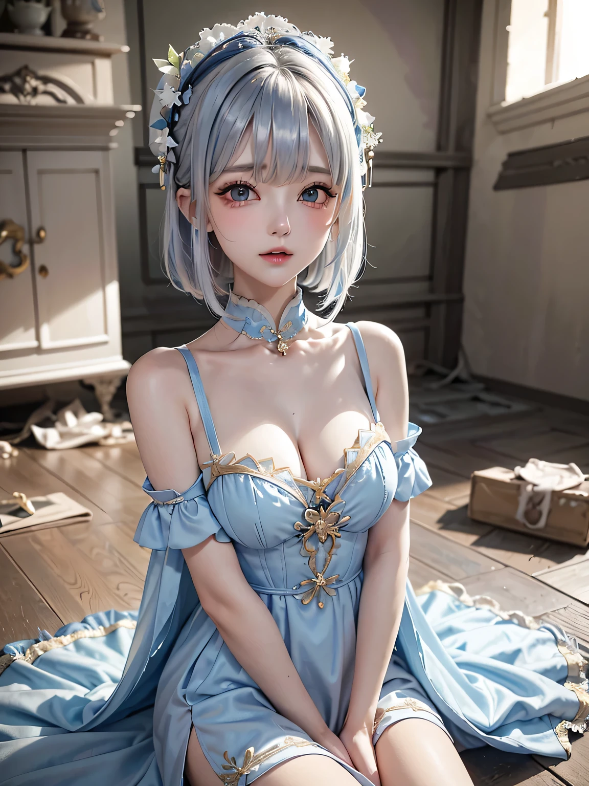 (masterpiece、highest quality、Every detail,Fantastic lighting,Shallow depth of field)(1girl,solo)(cute girl,Blue long dress,The dress has a loose fit,Exposing shoulders,No sleeve,White hair bob、medium beautiful breasts,Beautiful cleavage,thin and white legs、White skin)(ruins、Dilapidated Building、Collapsed Wall)(Close-up)(Close-up image from the waist up、Sexy model posing)