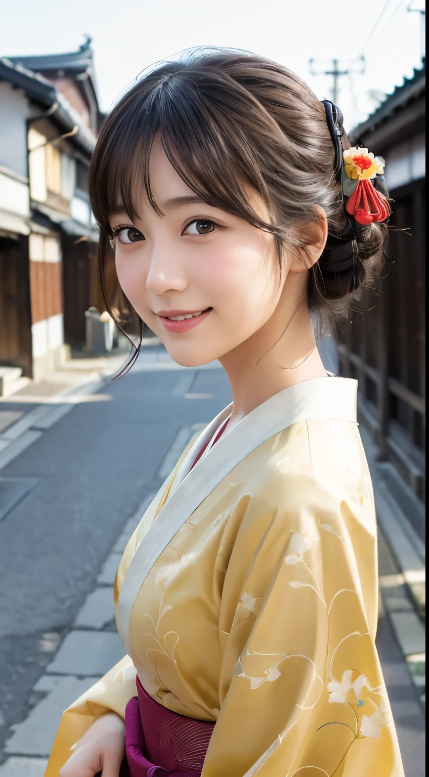 Professional Lighting,(Photorealistic:1.4), (Top image quality:1.0), (超A high resolution:1.0), 8k, Raw photography, (masterpiece:0.2), (Facing the children_v1:0.5)、(最高quality Detail:1.2)、Realistic、8K Ultra HD、High resolution、(1 girl:1.2)、超detailedな、High quality textures、複雑なdetailed、detailed、Very detailed CG、High quality shadows、detailed 美しく繊細な顔、Beautiful details and a delicate eye、(Symmetrical eyes:1.2),Written boundary depth、Ray Tracing,1 girl, Japanese Girls, (Natural smile:1.4),cute, thin, Portrait of a beautiful Japanese woman in a kimono, Standing elegantly on a street corner in Kyoto. Kimono with vibrant traditional patterns, Hair decorated with elegant and delicate hairpins, Gentle expression. (With the old streets of Kyoto in the background:1.4)、The soft light of a spring afternoon、Adding tranquility to the scene. Rendered in a Realistic style with great attention to detail, High resolutionの画像.Sky Porn, Magic Hour, (Realistic:1.3), finely, quality, (Tabletop:1.2), (Realistic:1.2), (最高quality), (複雑なdetailed), dramatic, Ray Tracing, photograph, +roller